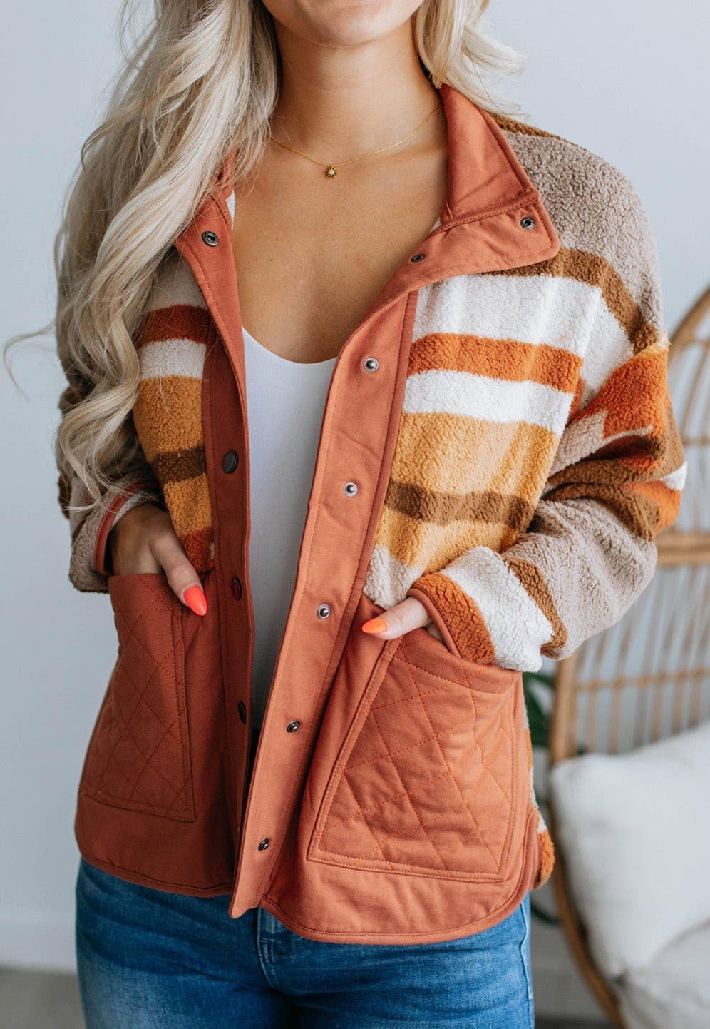 Aztec Sherpa Jacket w/Quilted Pockets