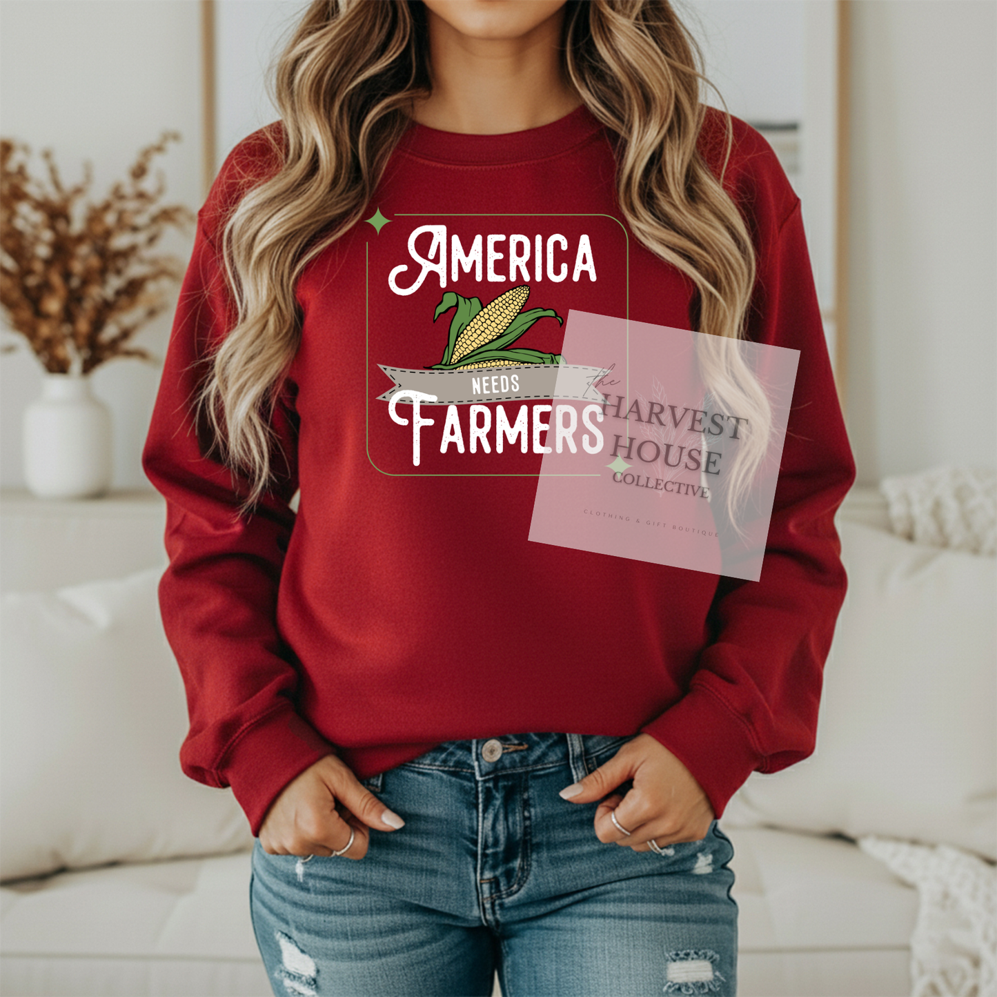 America Needs Farmers White Writing Gildan Crewneck & Hoodie