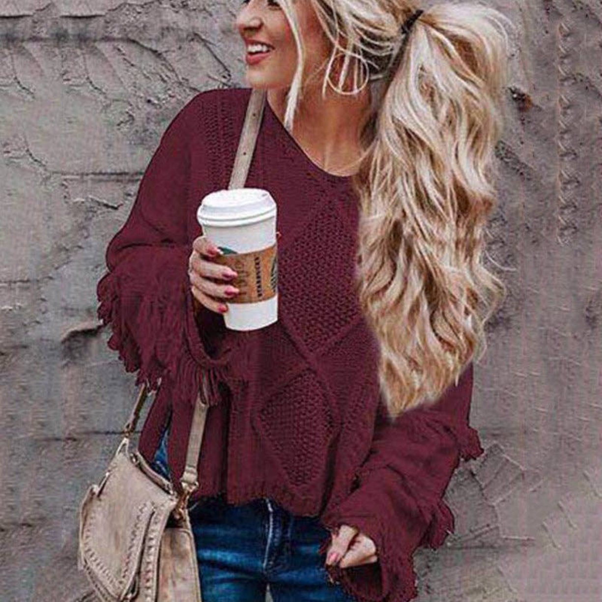 Tasseled Long Sleeve V-Neck Knit Top