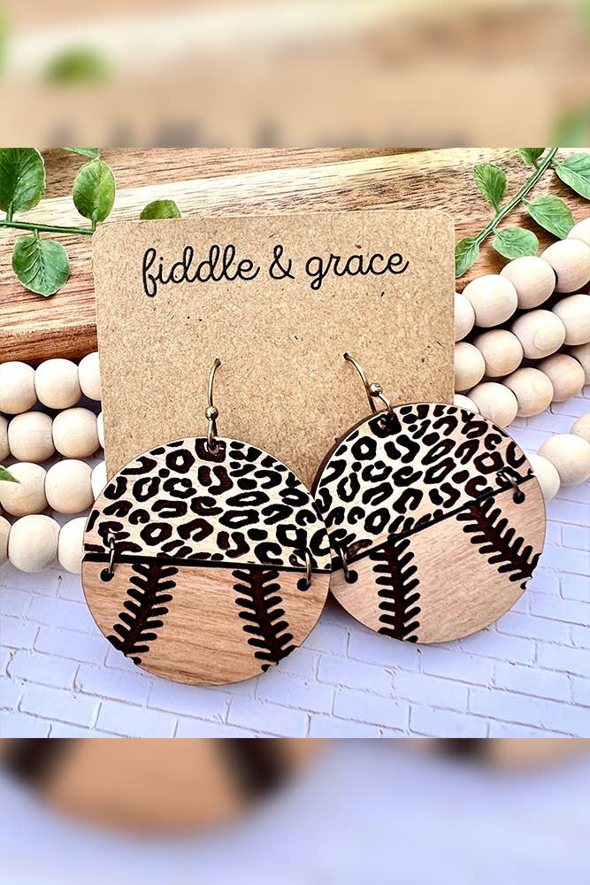 Wooden Round Leopard Baseball Earrings