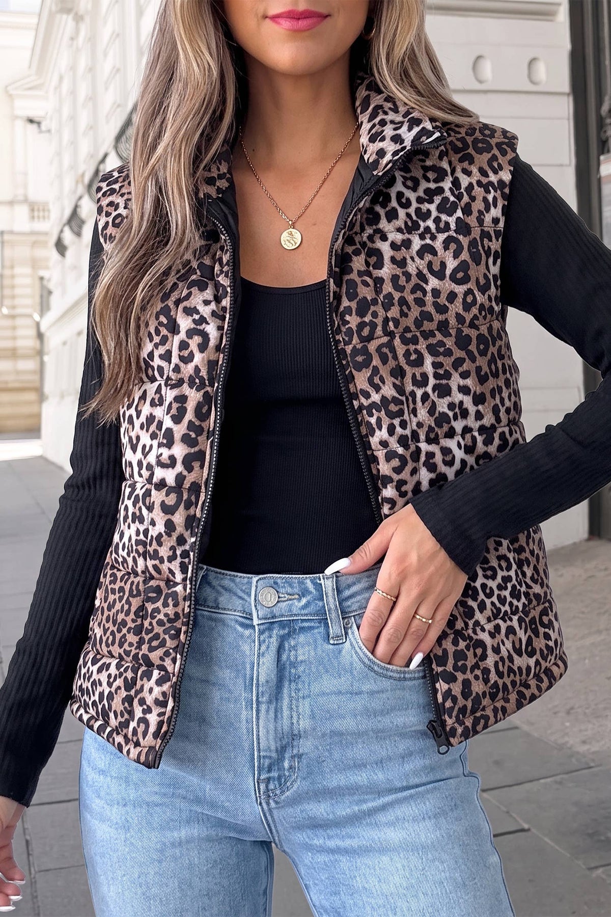 Casual Leopard Quilted Full Zipper Puff Vest | S-XL