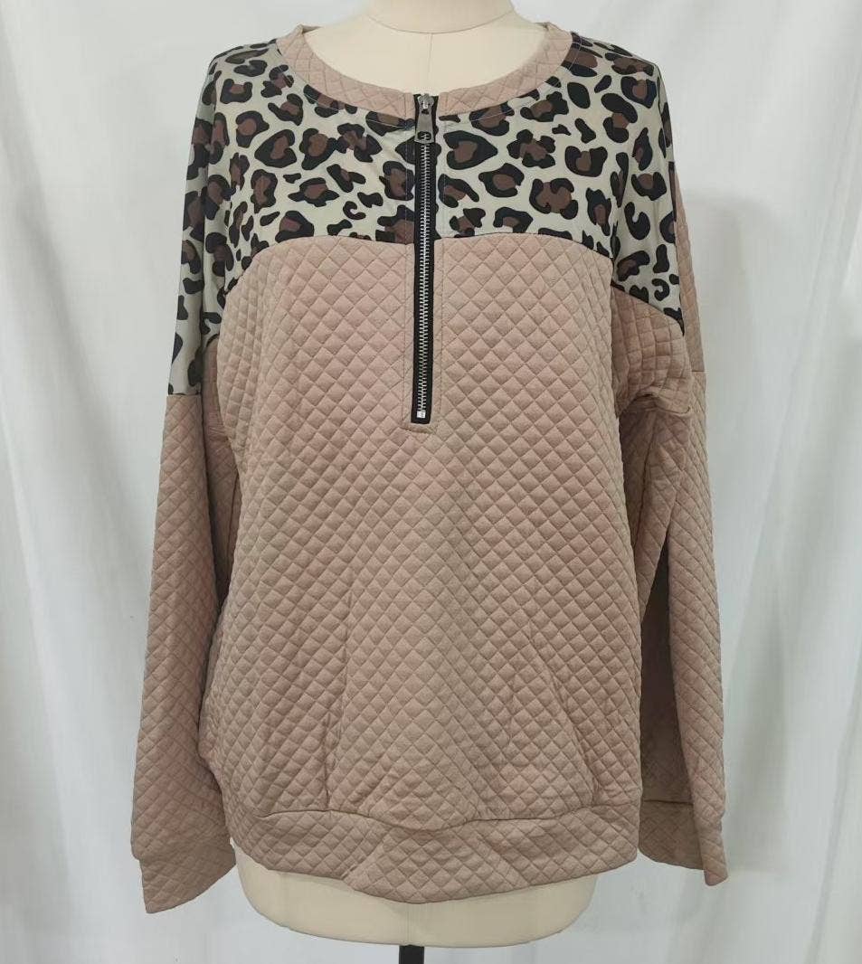 Leopard print zip-neck sweatshirt