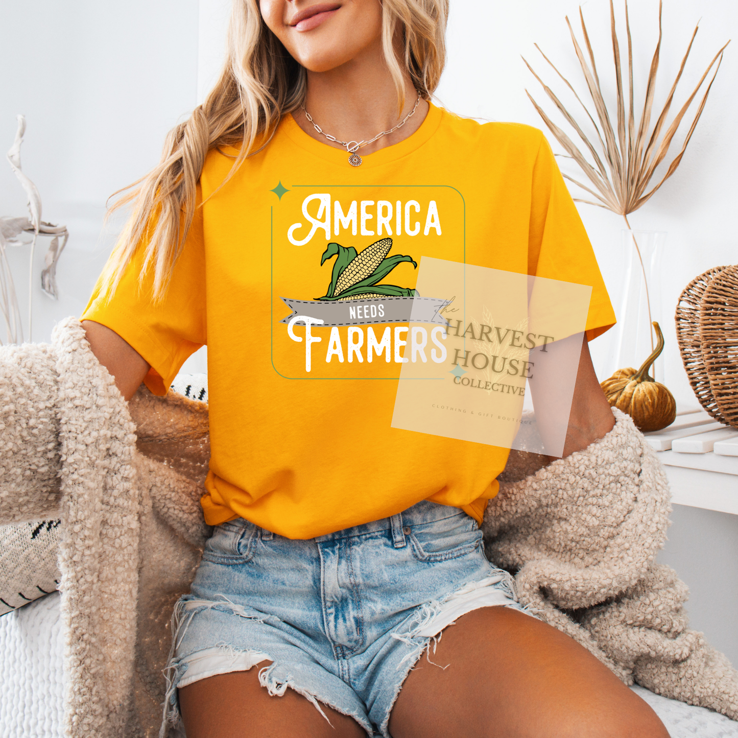 America Needs Farmers White Writing Bella Canvas Tee