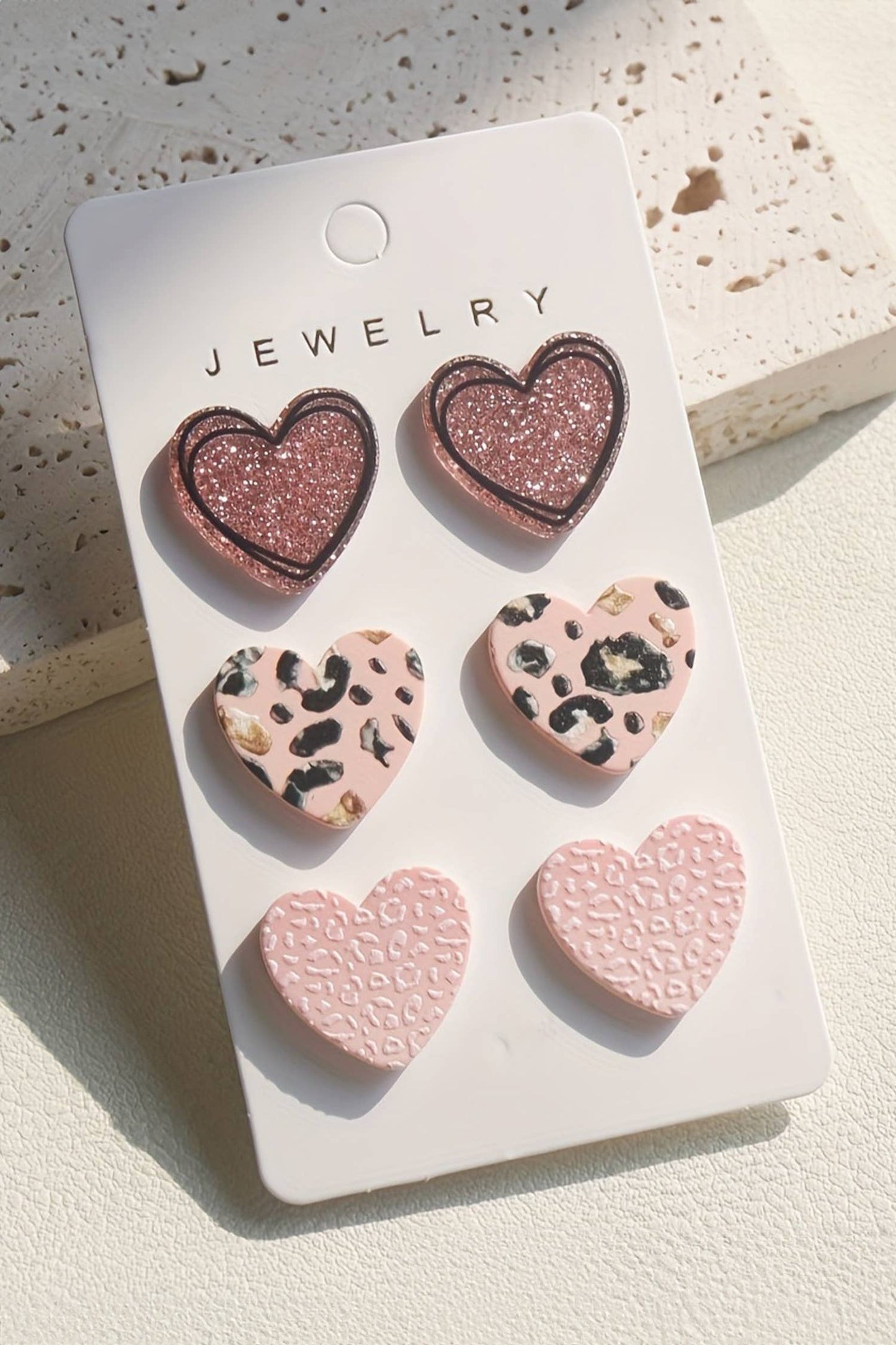 Glitter & Leopard Print Heart-Shaped Earrings Set