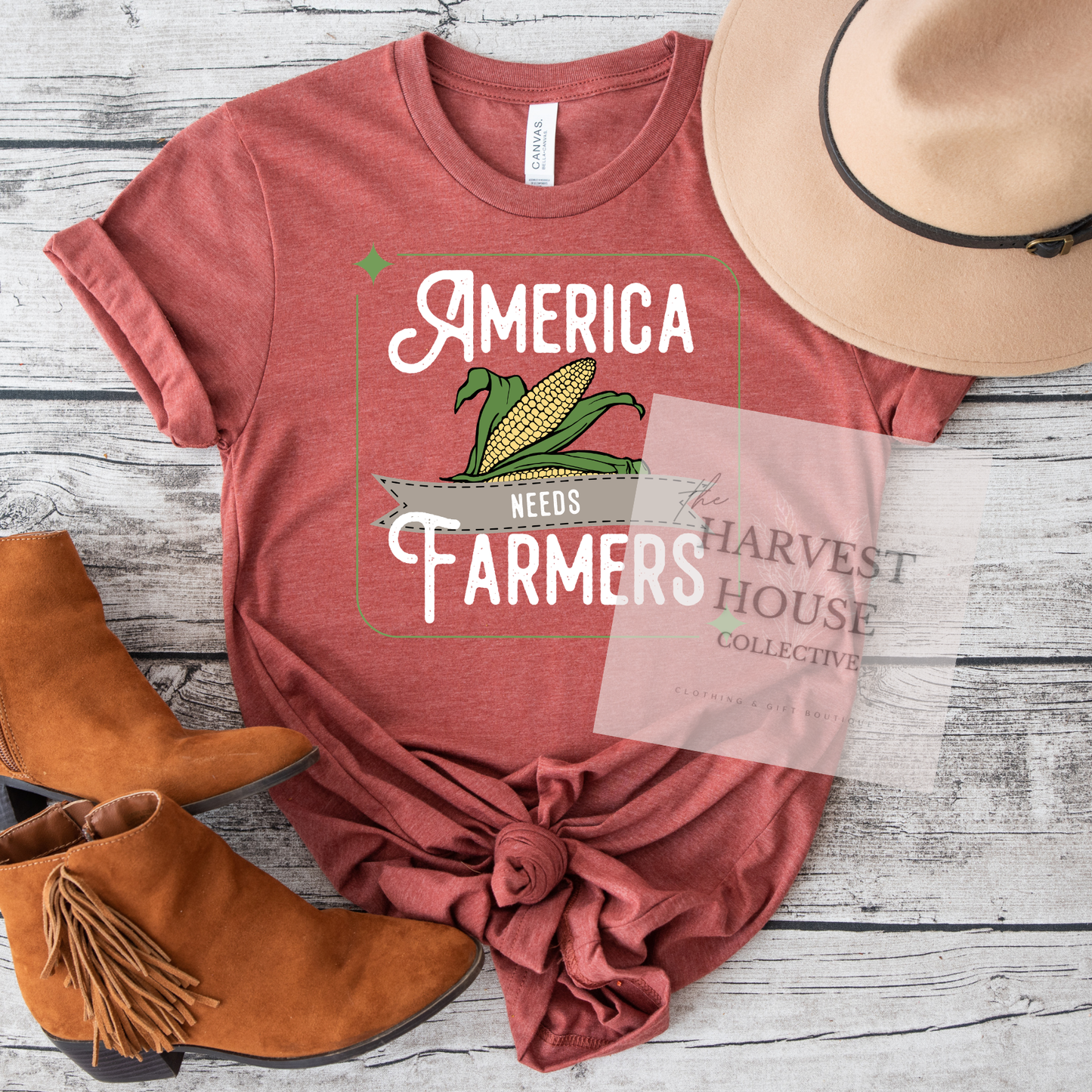 America Needs Farmers White Writing Bella Canvas Tee