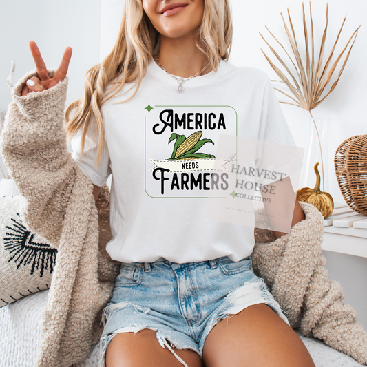 America Needs Farmers Black Writing Bella Canvas Tee