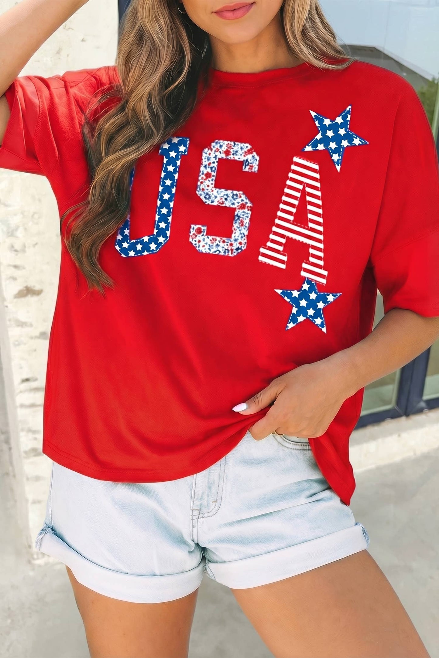 USA Patriotic Star Patched Oversize Tee | S-XL