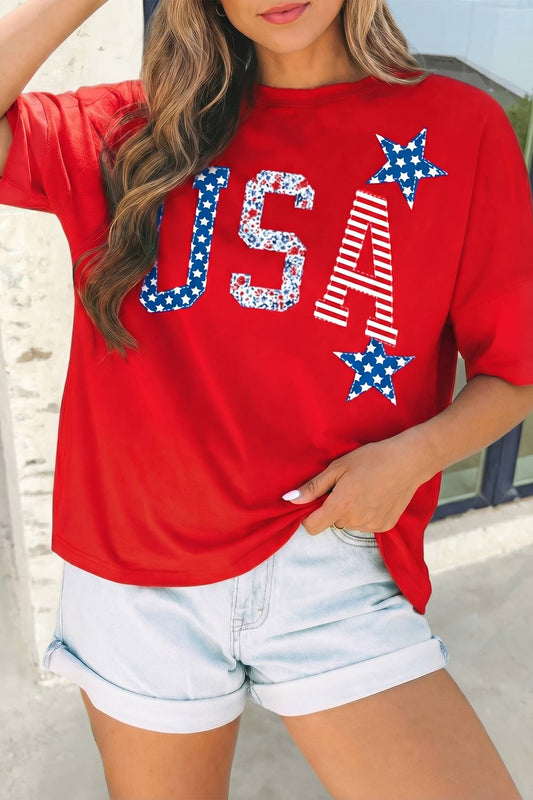 USA Patriotic Star Patched Oversize Tee | S-XL