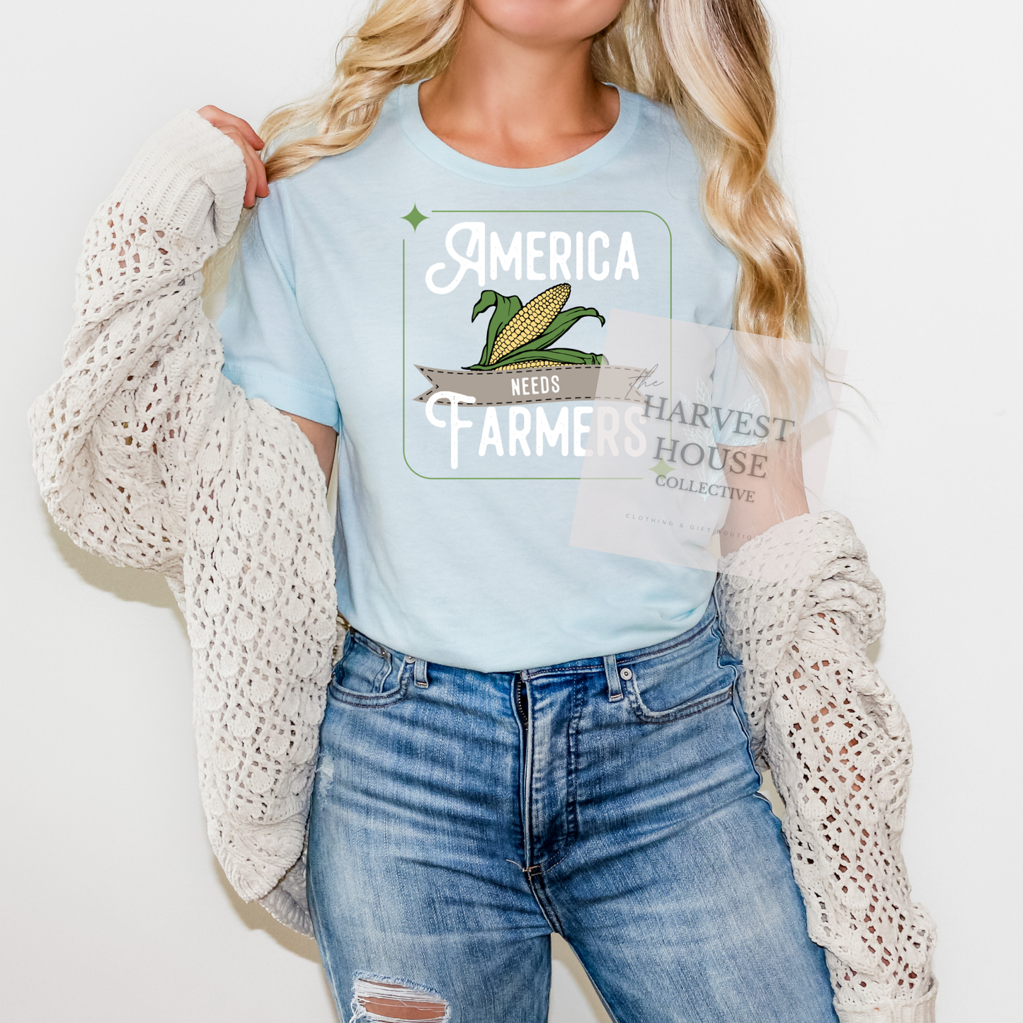 America Needs Farmers White Writing Bella Canvas Tee
