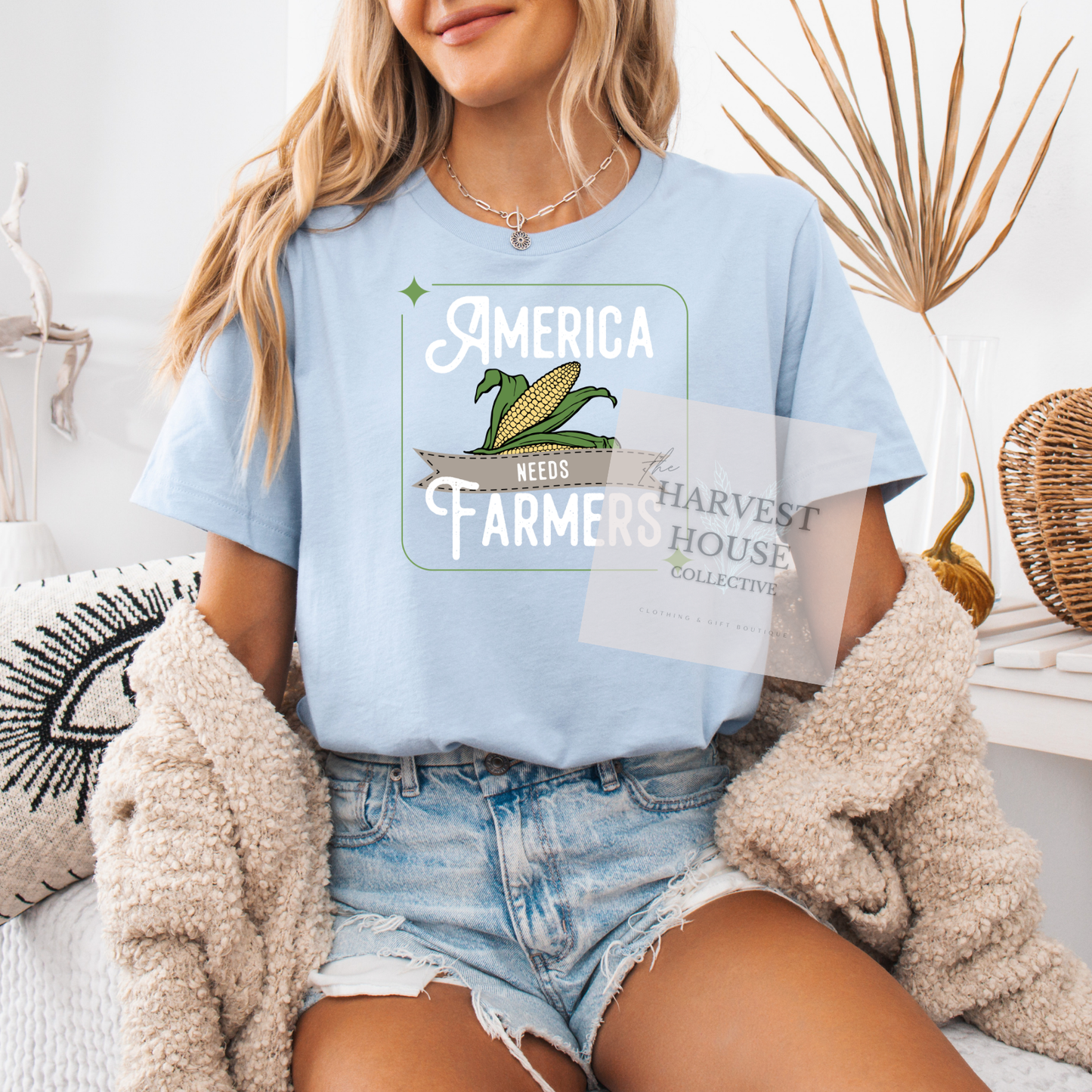 America Needs Farmers White Writing Bella Canvas Tee