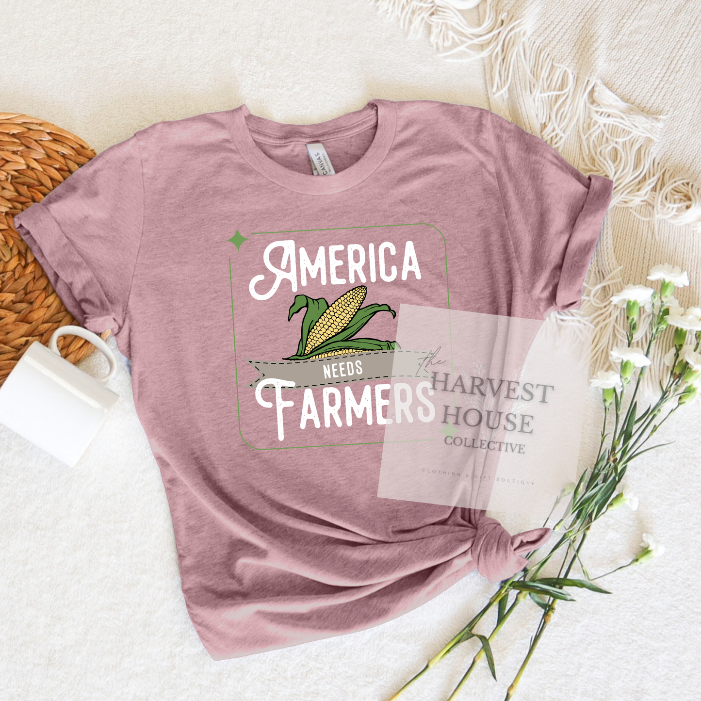 America Needs Farmers White Writing Bella Canvas Tee
