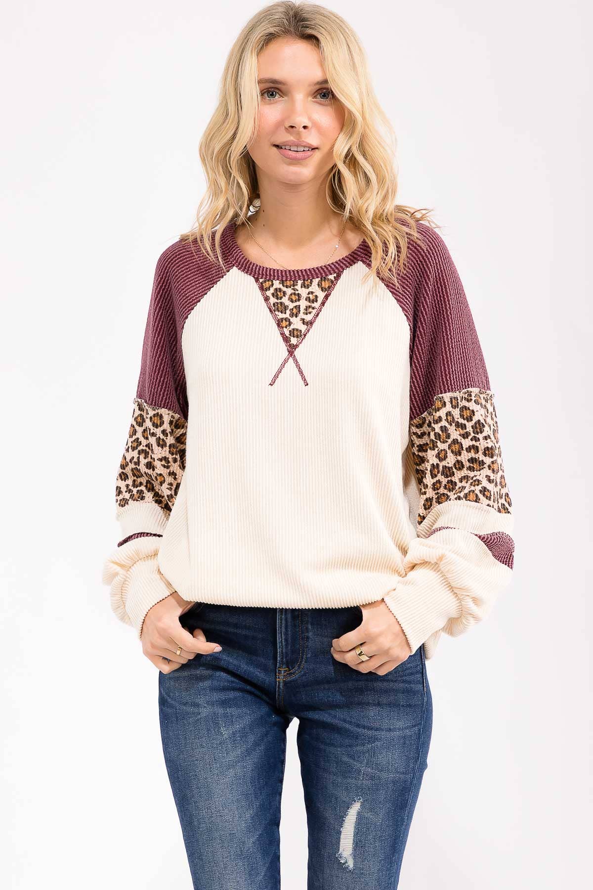 Waffle Knit Animal Print Contrast Pullover Top