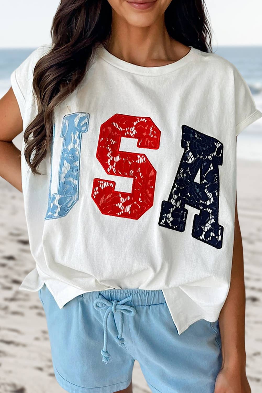USA Letter Print Faux Lace Shift Top | S-XL