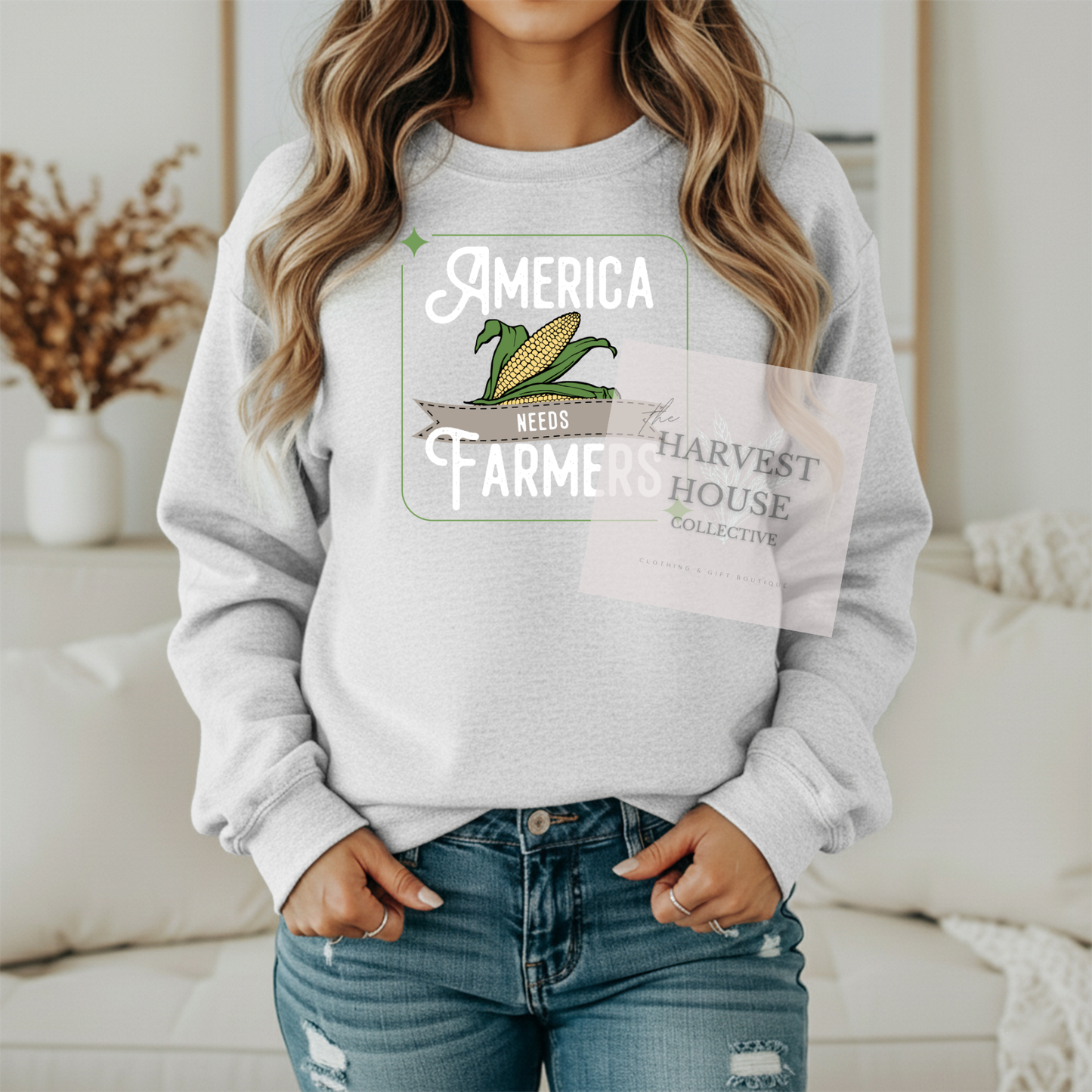 America Needs Farmers White Writing Gildan Crewneck & Hoodie