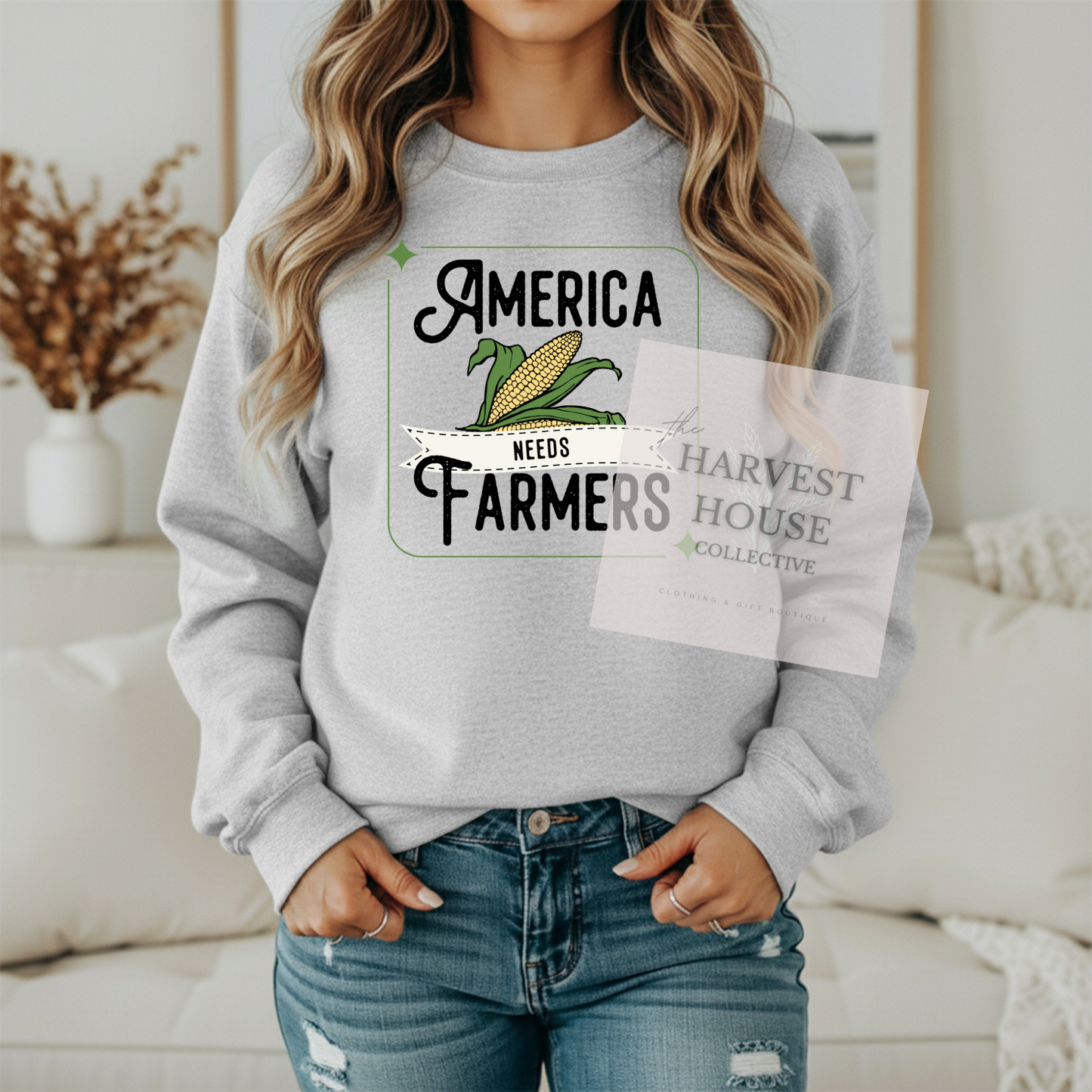 America Needs Farmers Black Writing Gildan Crewneck & Hoodie