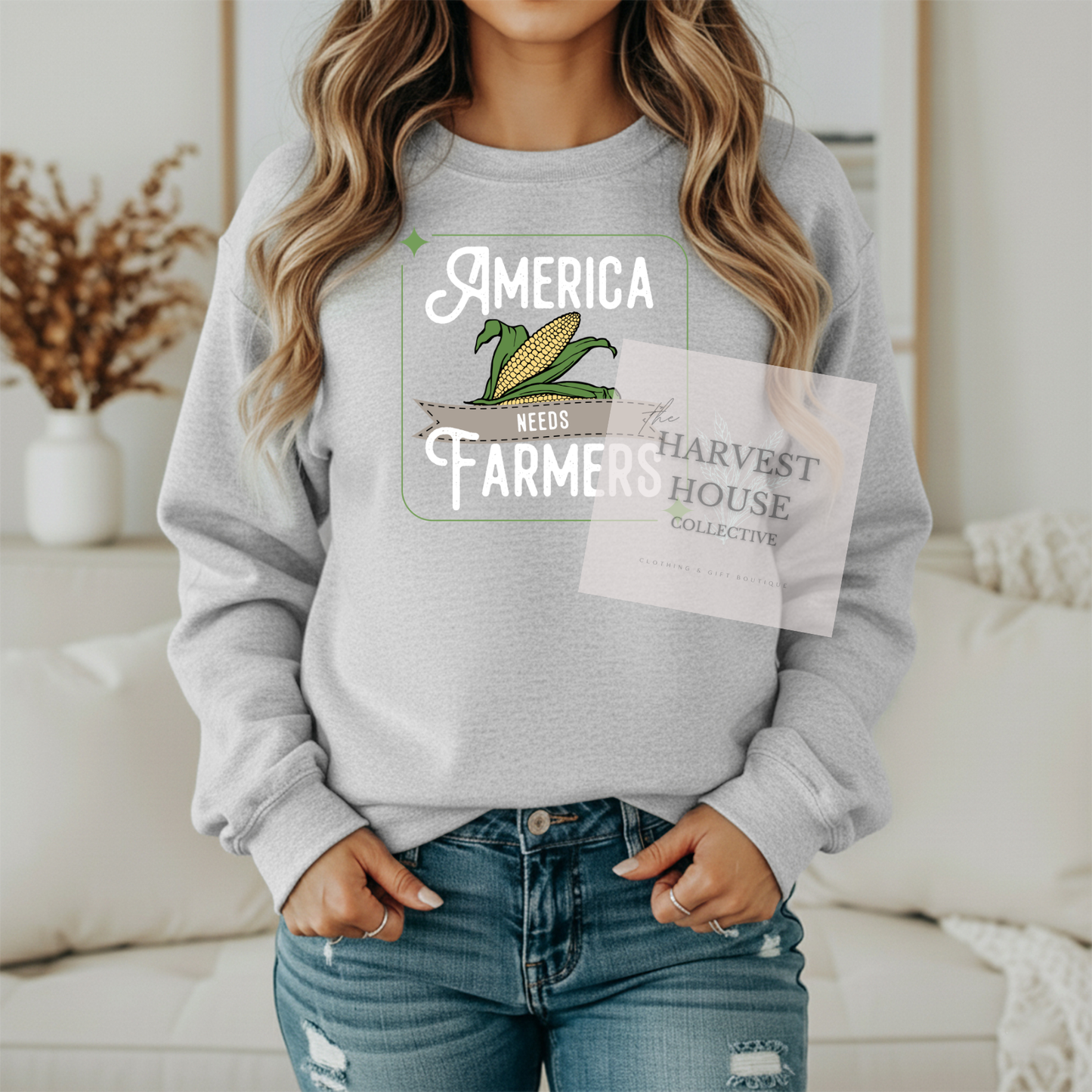 America Needs Farmers White Writing Gildan Crewneck & Hoodie