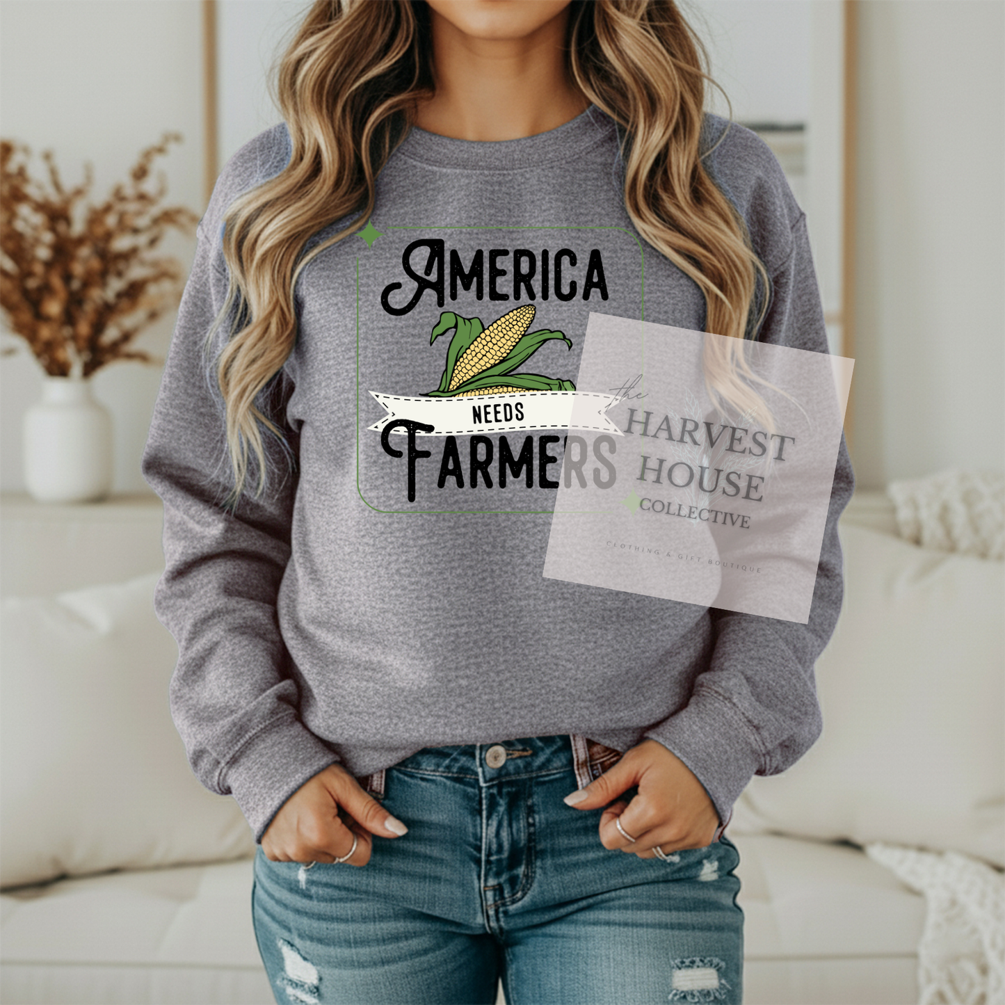 America Needs Farmers Black Writing Gildan Crewneck & Hoodie