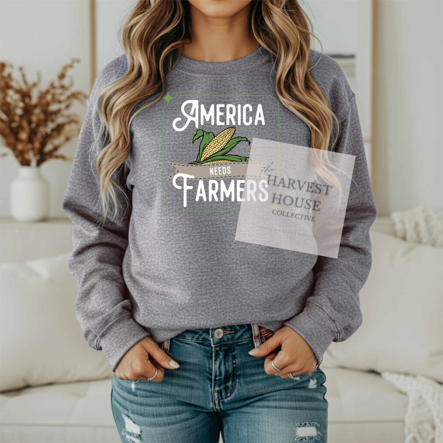 America Needs Farmers White Writing Gildan Crewneck & Hoodie