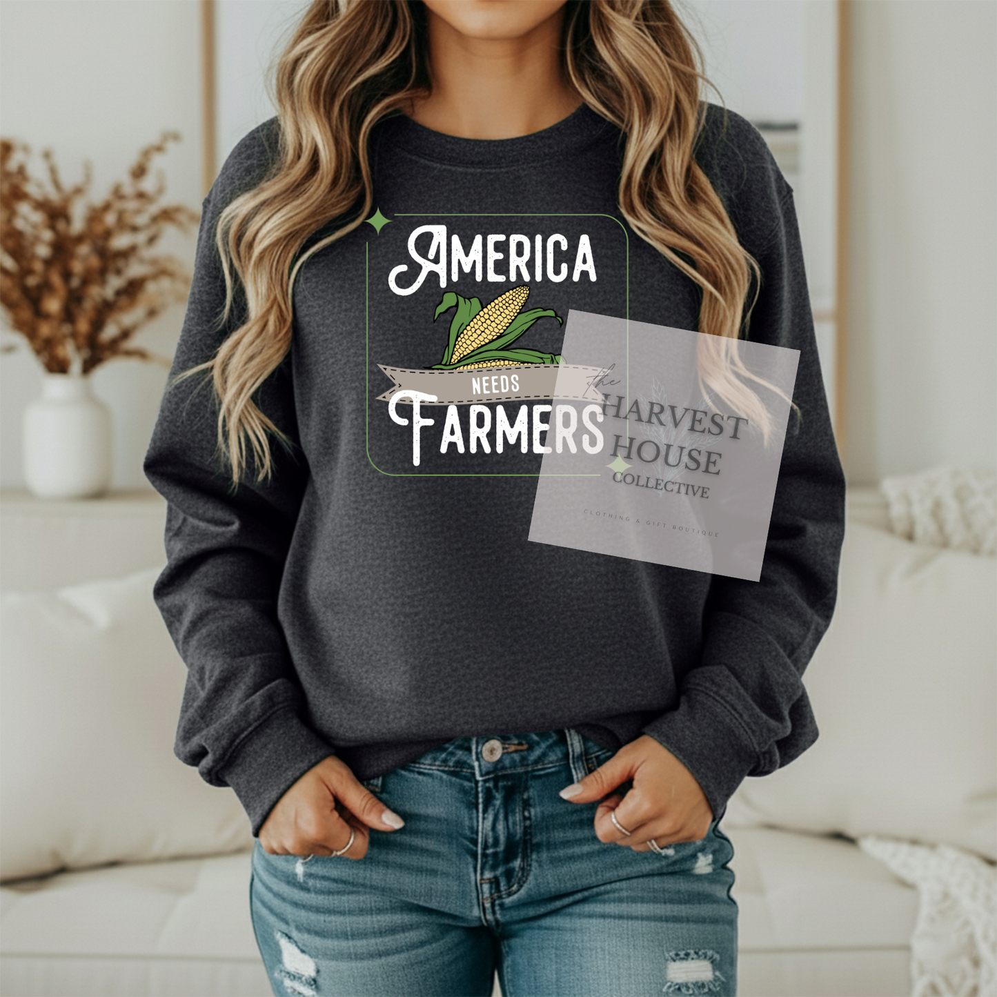 America Needs Farmers White Writing Gildan Crewneck & Hoodie