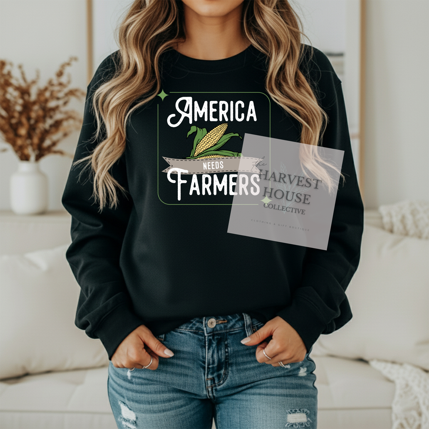 America Needs Farmers White Writing Gildan Crewneck & Hoodie