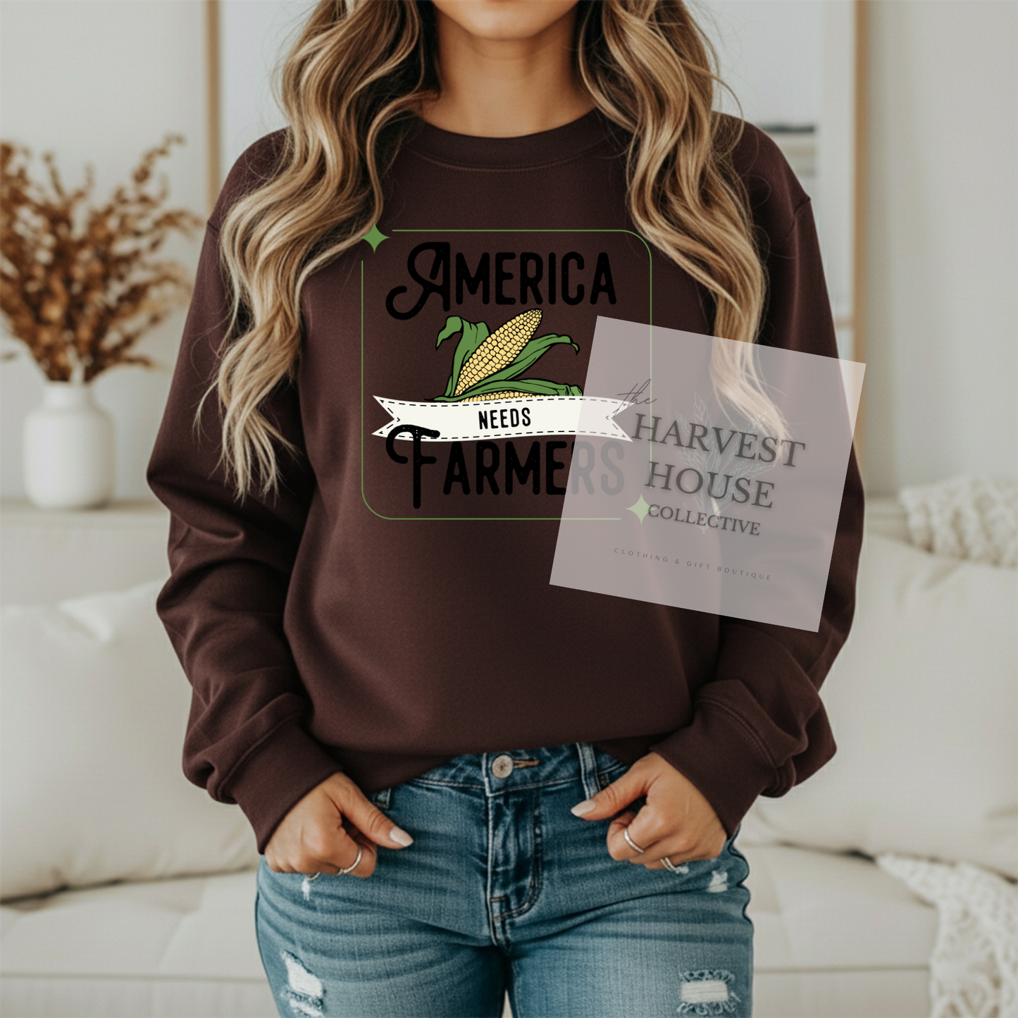 America Needs Farmers Black Writing Gildan Crewneck & Hoodie
