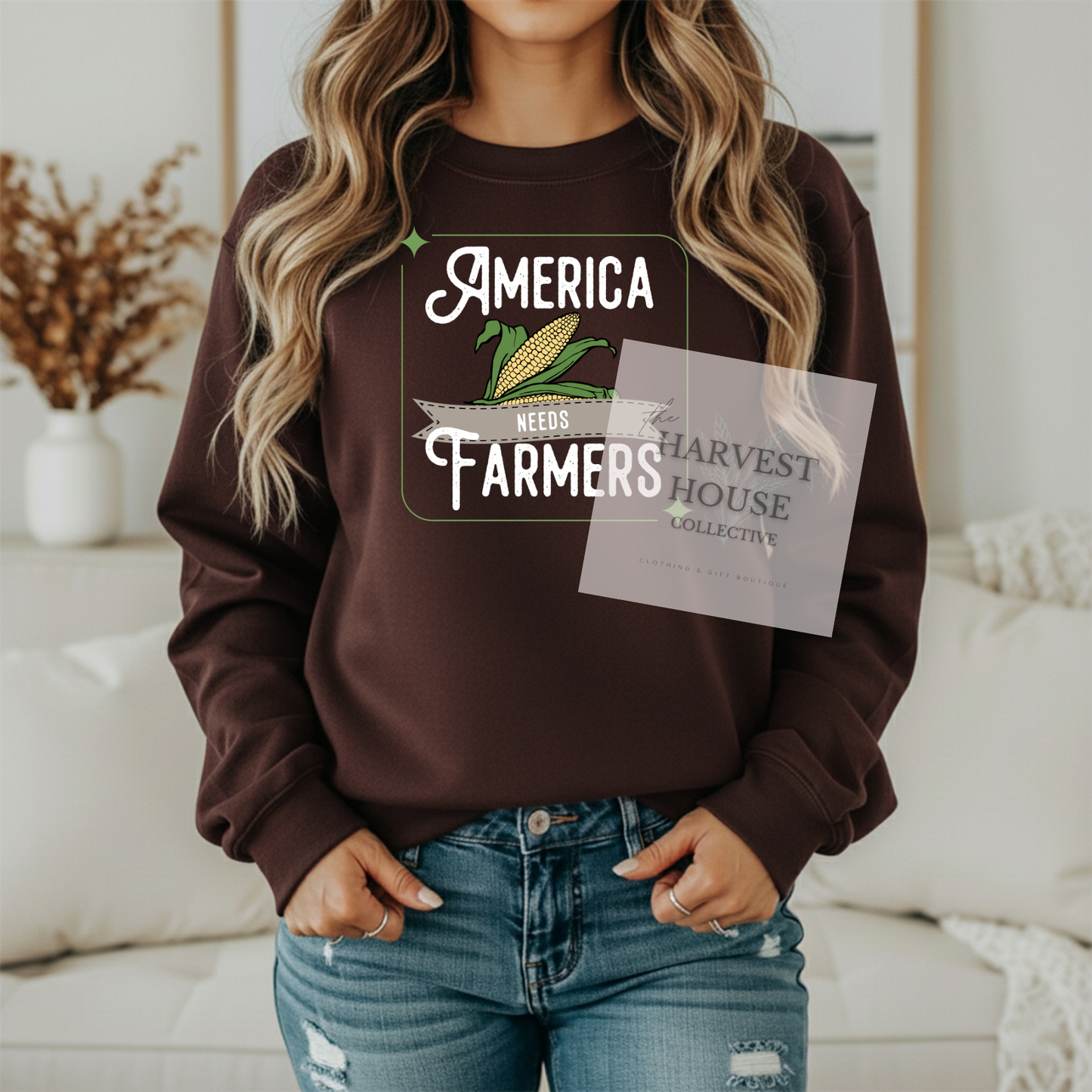 America Needs Farmers White Writing Gildan Crewneck & Hoodie