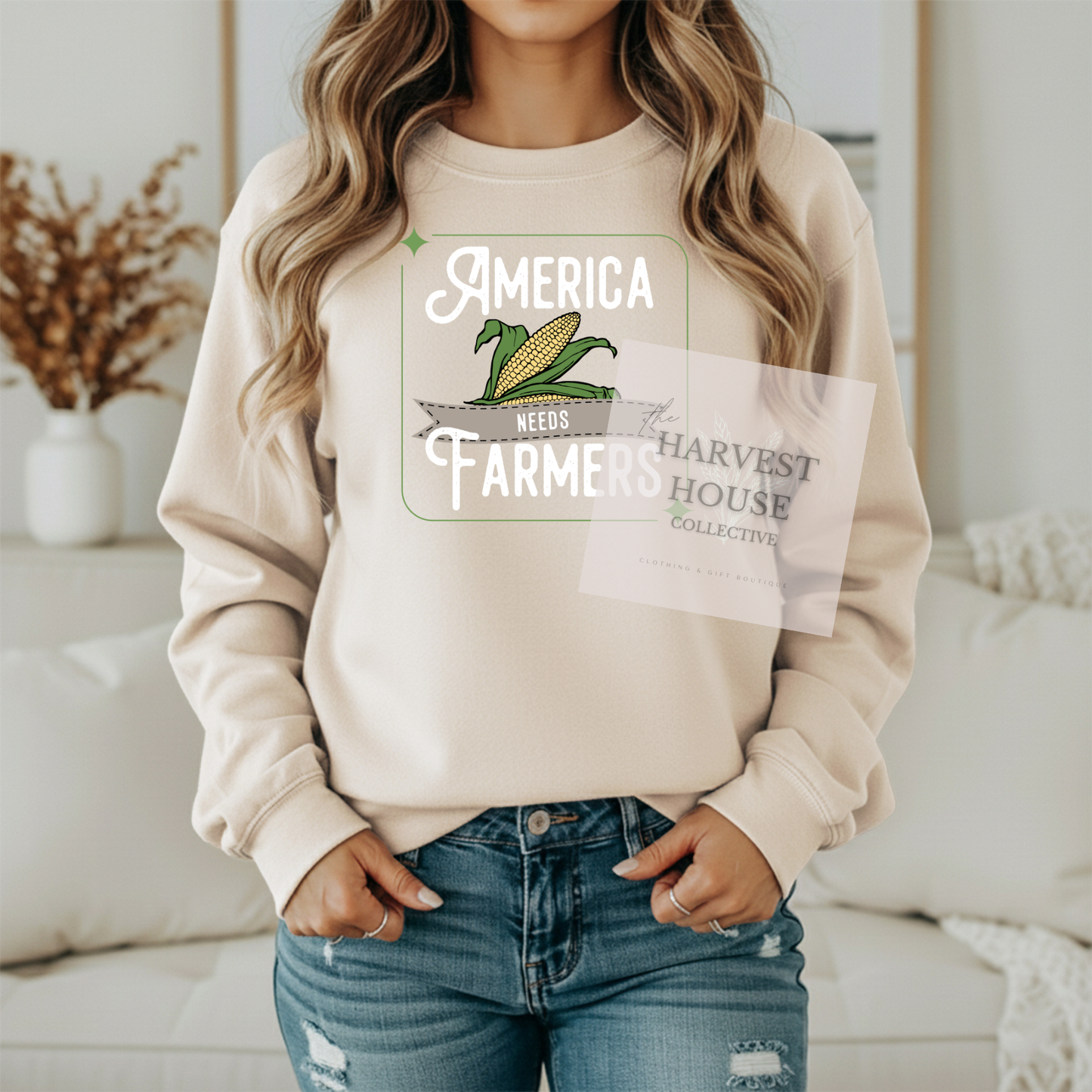 America Needs Farmers White Writing Gildan Crewneck & Hoodie