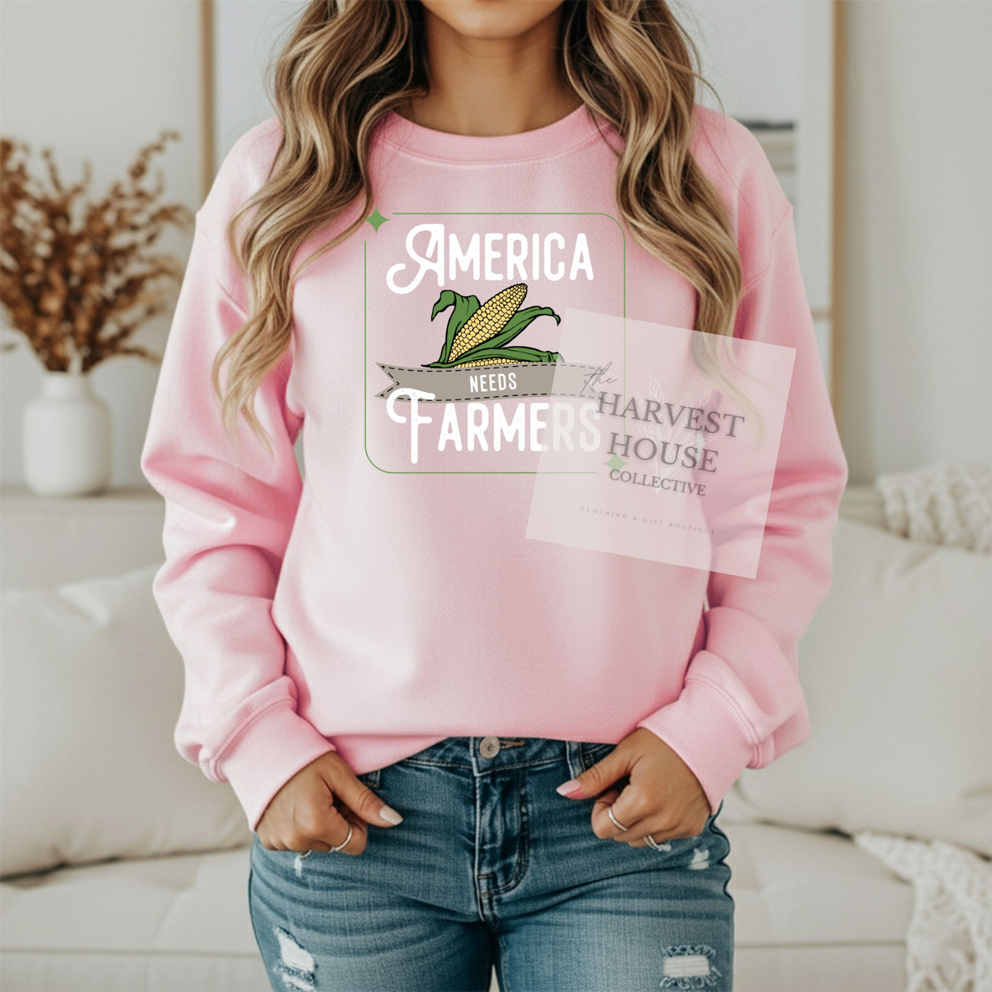 America Needs Farmers White Writing Gildan Crewneck & Hoodie