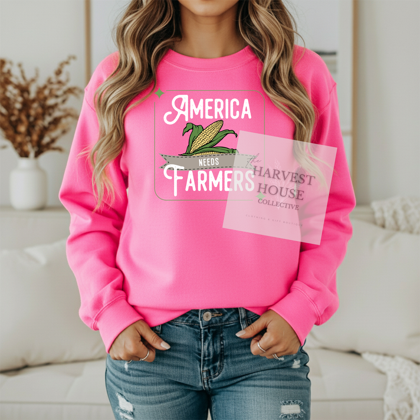 America Needs Farmers White Writing Gildan Crewneck & Hoodie