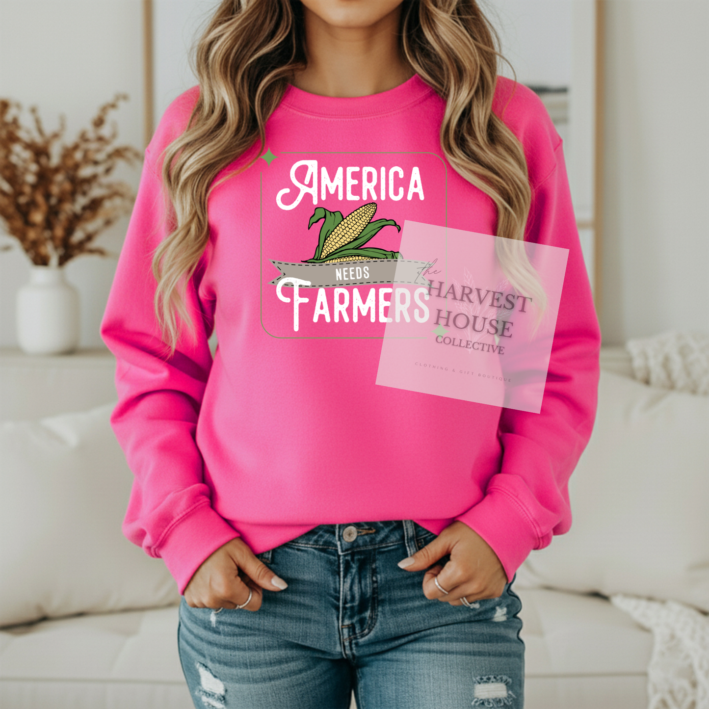 America Needs Farmers White Writing Gildan Crewneck & Hoodie