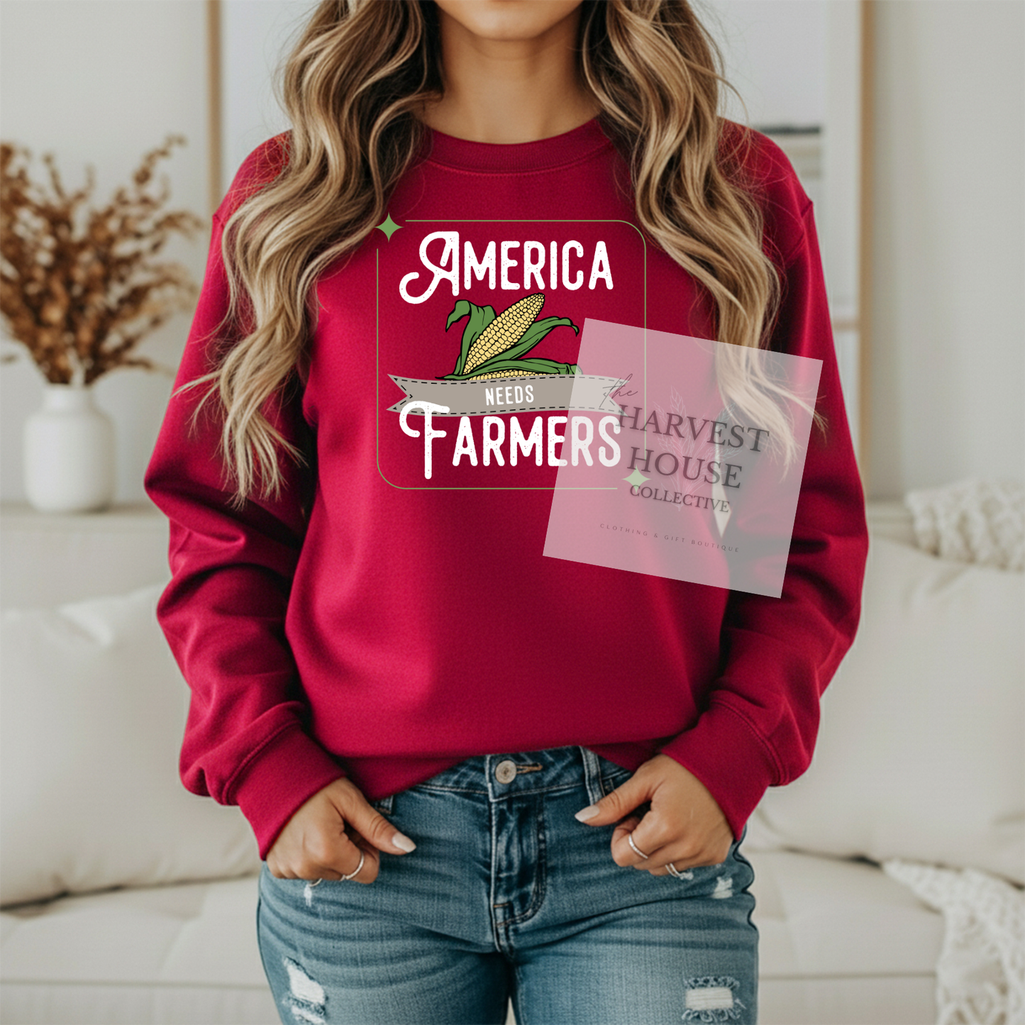 America Needs Farmers White Writing Gildan Crewneck & Hoodie