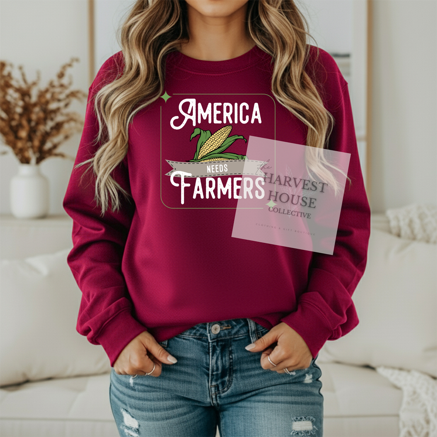 America Needs Farmers White Writing Gildan Crewneck & Hoodie