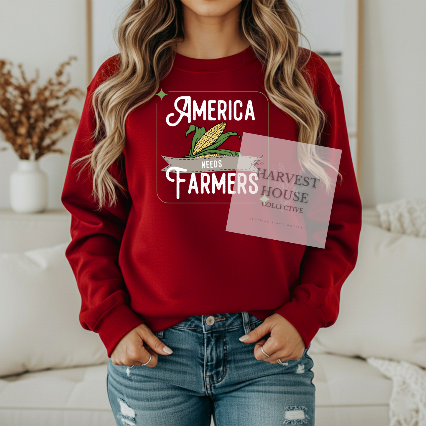 America Needs Farmers White Writing Gildan Crewneck & Hoodie