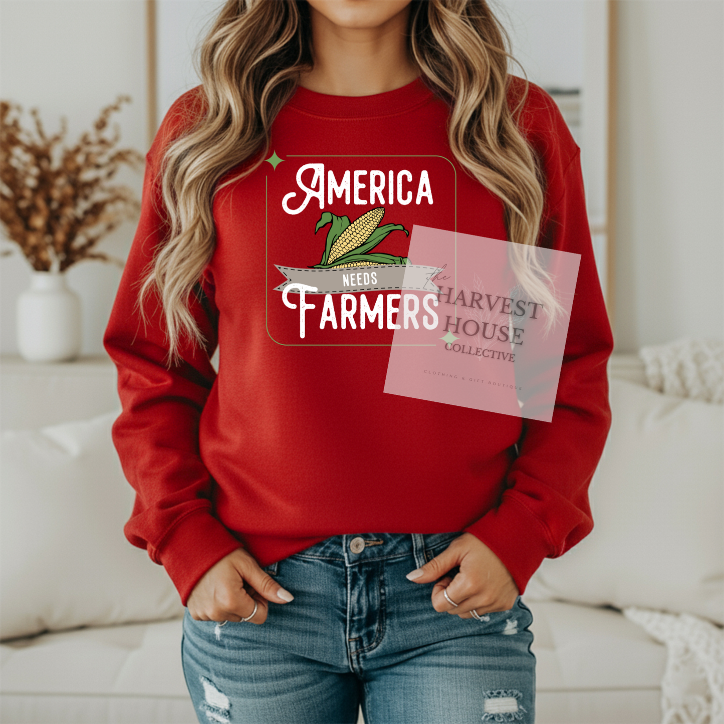 America Needs Farmers White Writing Gildan Crewneck & Hoodie
