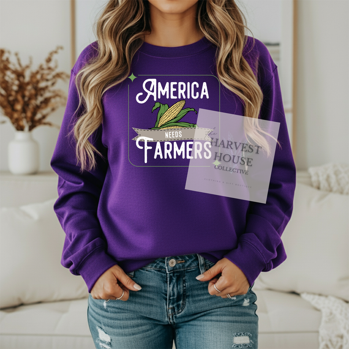 America Needs Farmers White Writing Gildan Crewneck & Hoodie