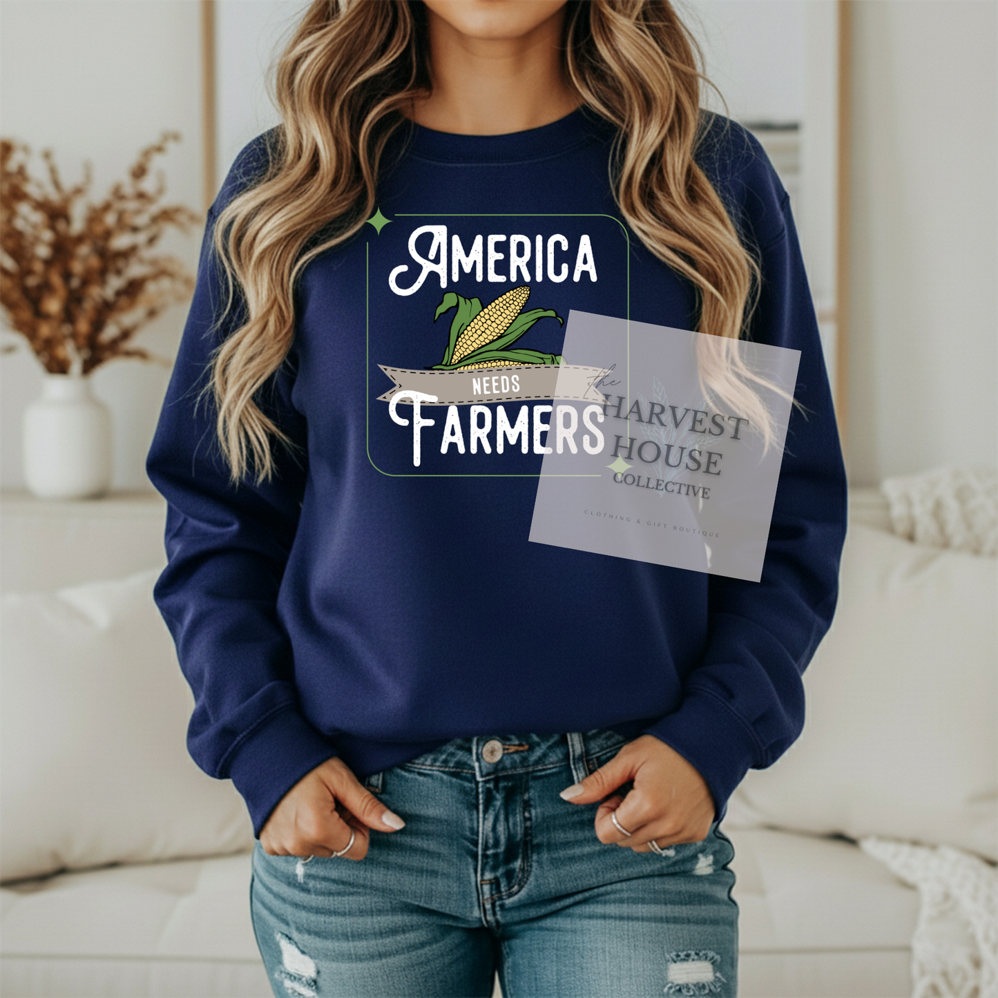 America Needs Farmers White Writing Gildan Crewneck & Hoodie