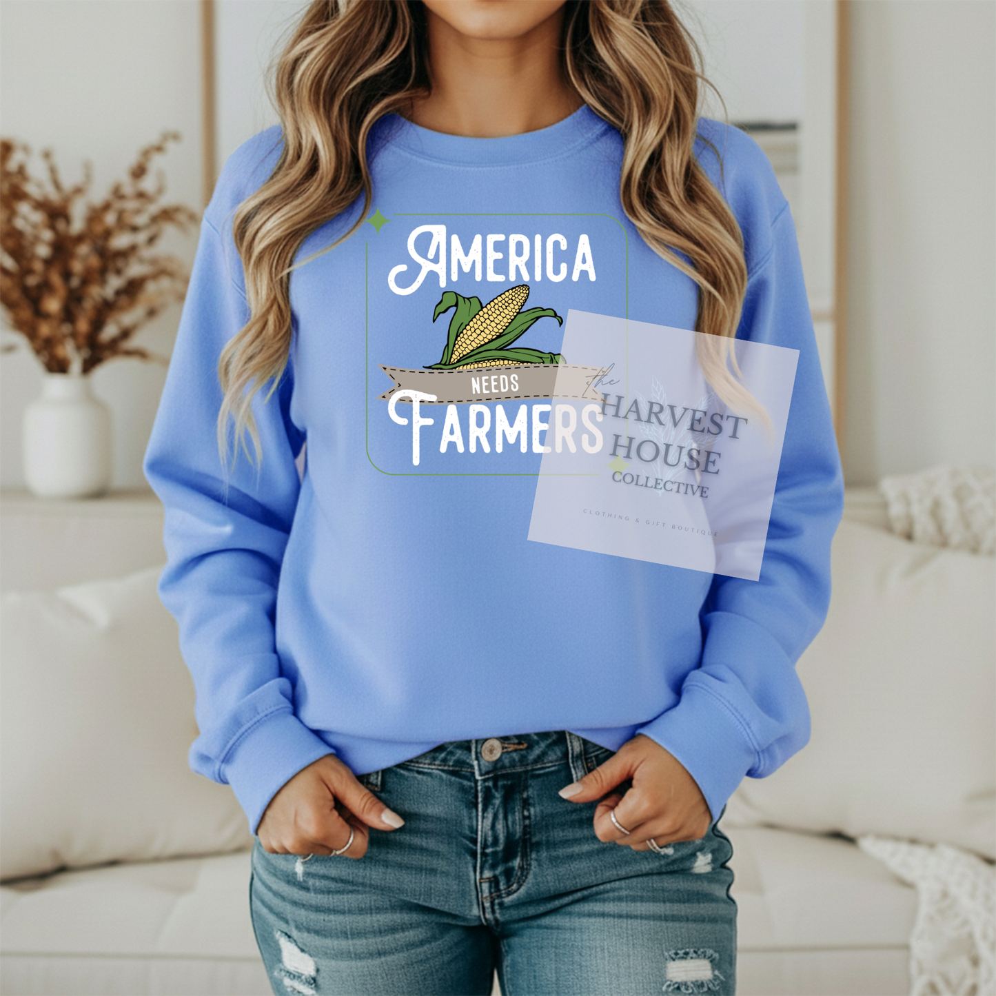 America Needs Farmers White Writing Gildan Crewneck & Hoodie