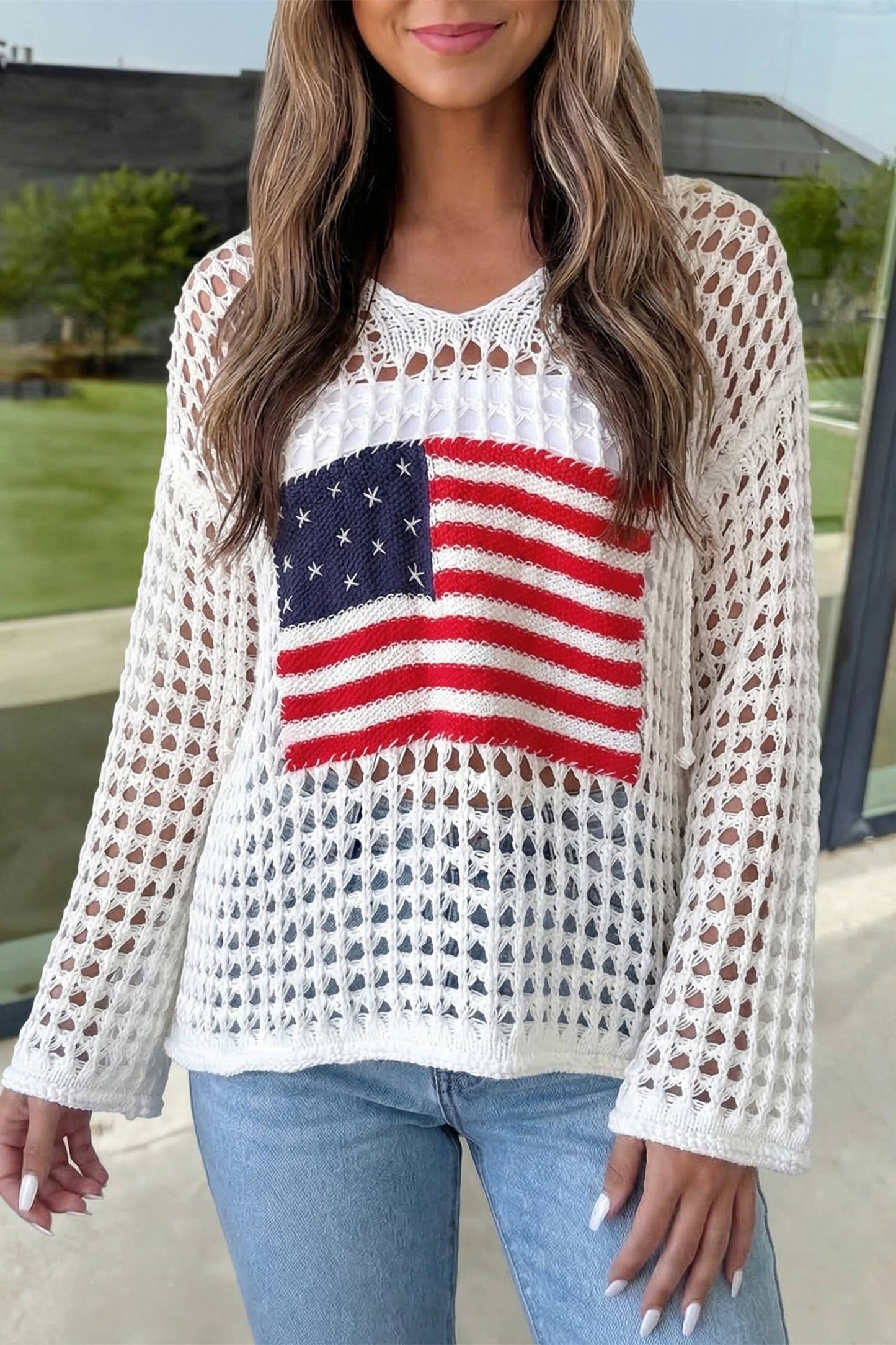 Hollow Out American Flag Patch Sweater Hoodie | S-XL