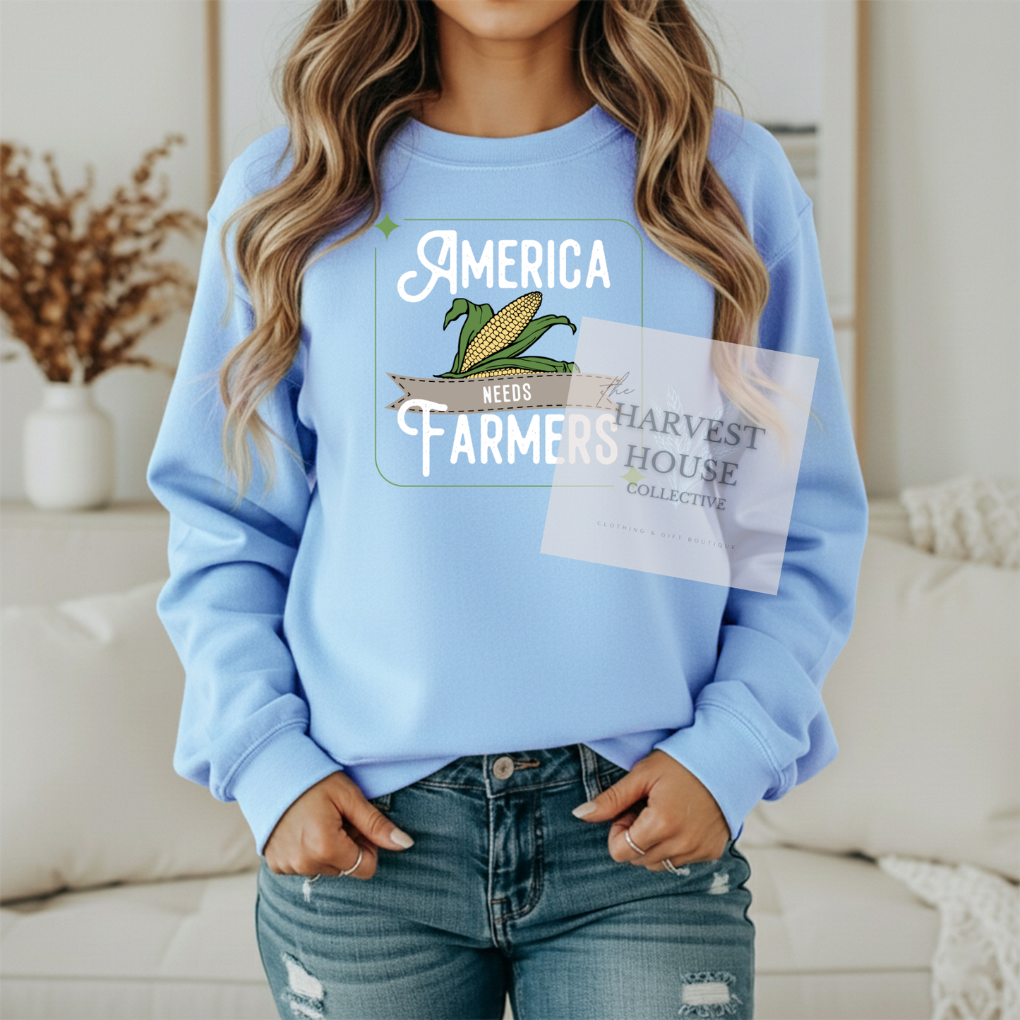 America Needs Farmers White Writing Gildan Crewneck & Hoodie