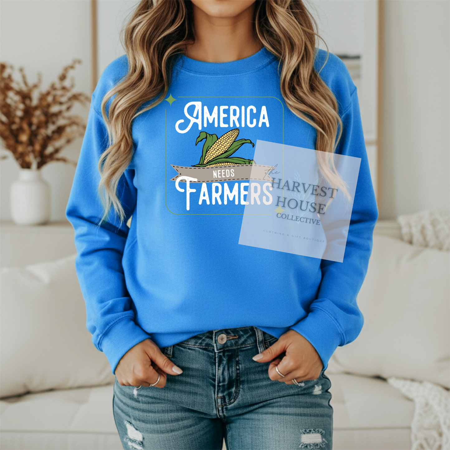 America Needs Farmers White Writing Gildan Crewneck & Hoodie