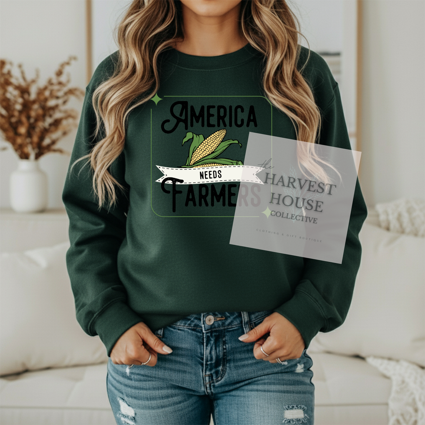 America Needs Farmers Black Writing Gildan Crewneck & Hoodie