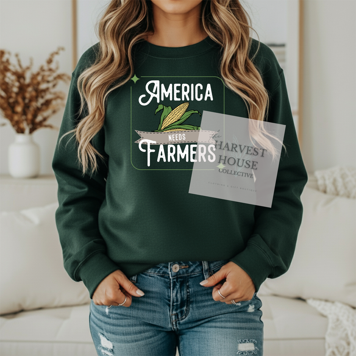 America Needs Farmers White Writing Gildan Crewneck & Hoodie