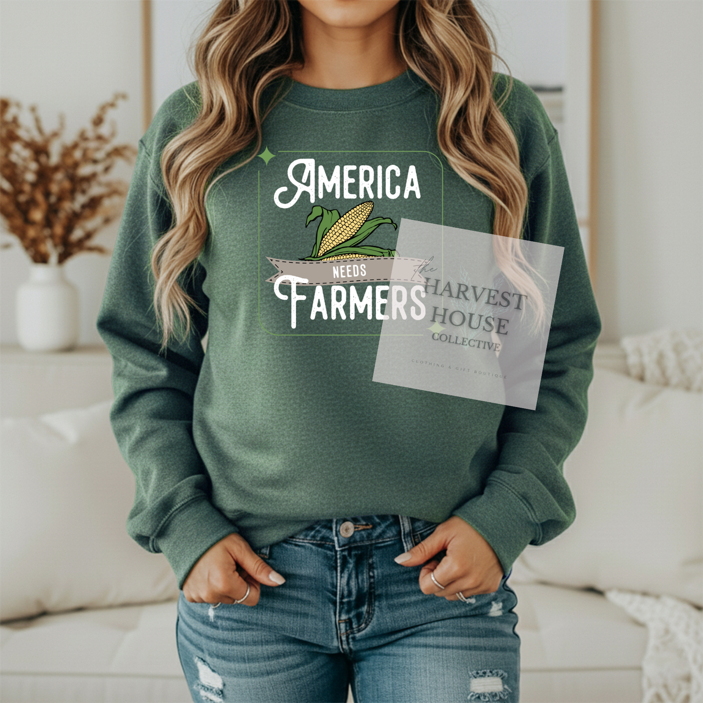 America Needs Farmers White Writing Gildan Crewneck & Hoodie