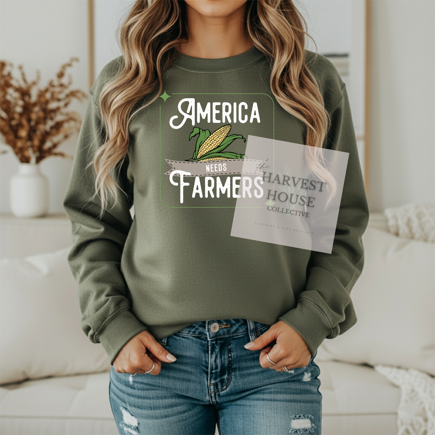 America Needs Farmers White Writing Gildan Crewneck & Hoodie