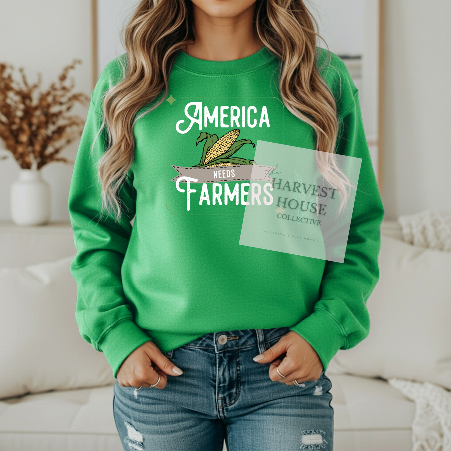 America Needs Farmers White Writing Gildan Crewneck & Hoodie