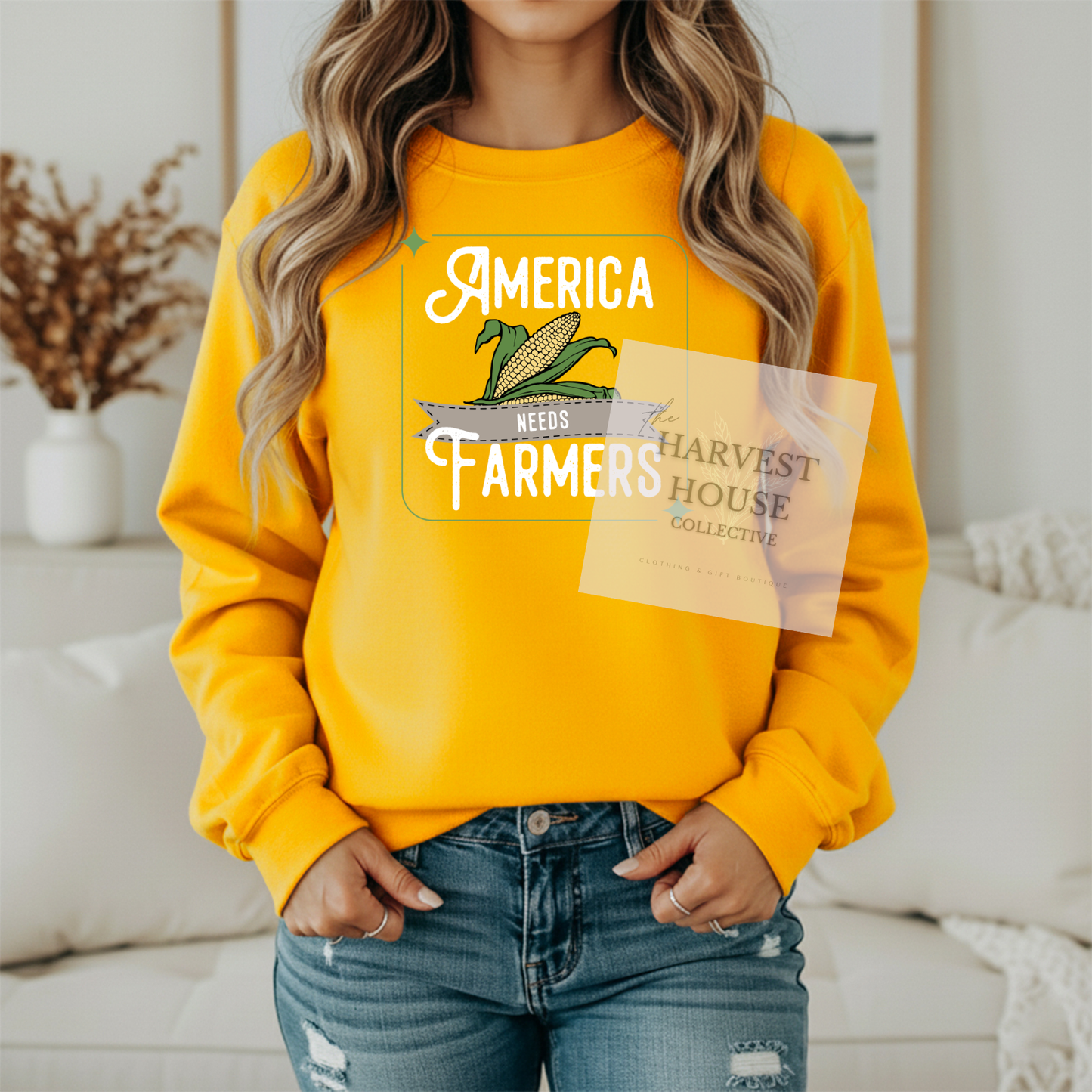 America Needs Farmers White Writing Gildan Crewneck & Hoodie
