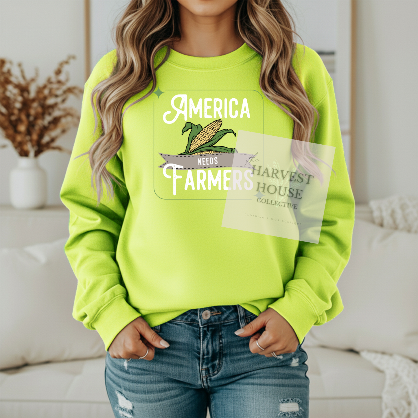 America Needs Farmers White Writing Gildan Crewneck & Hoodie