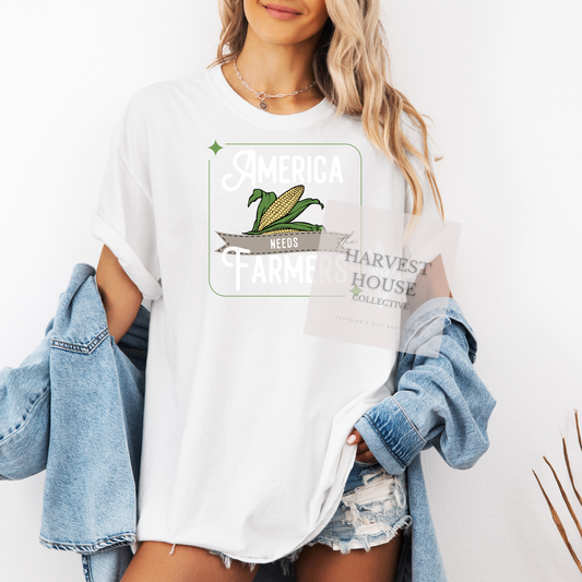 America Needs Farmeres White Writing Comfort Color Tee