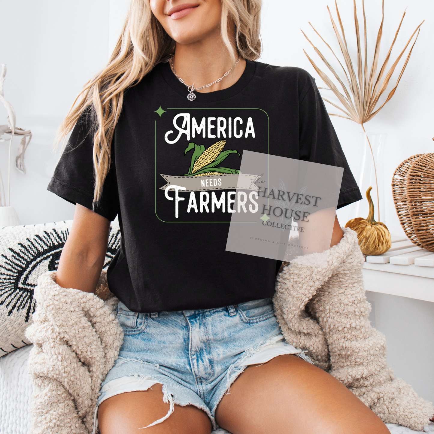 America Needs Farmers White Writing Bella Canvas Tee