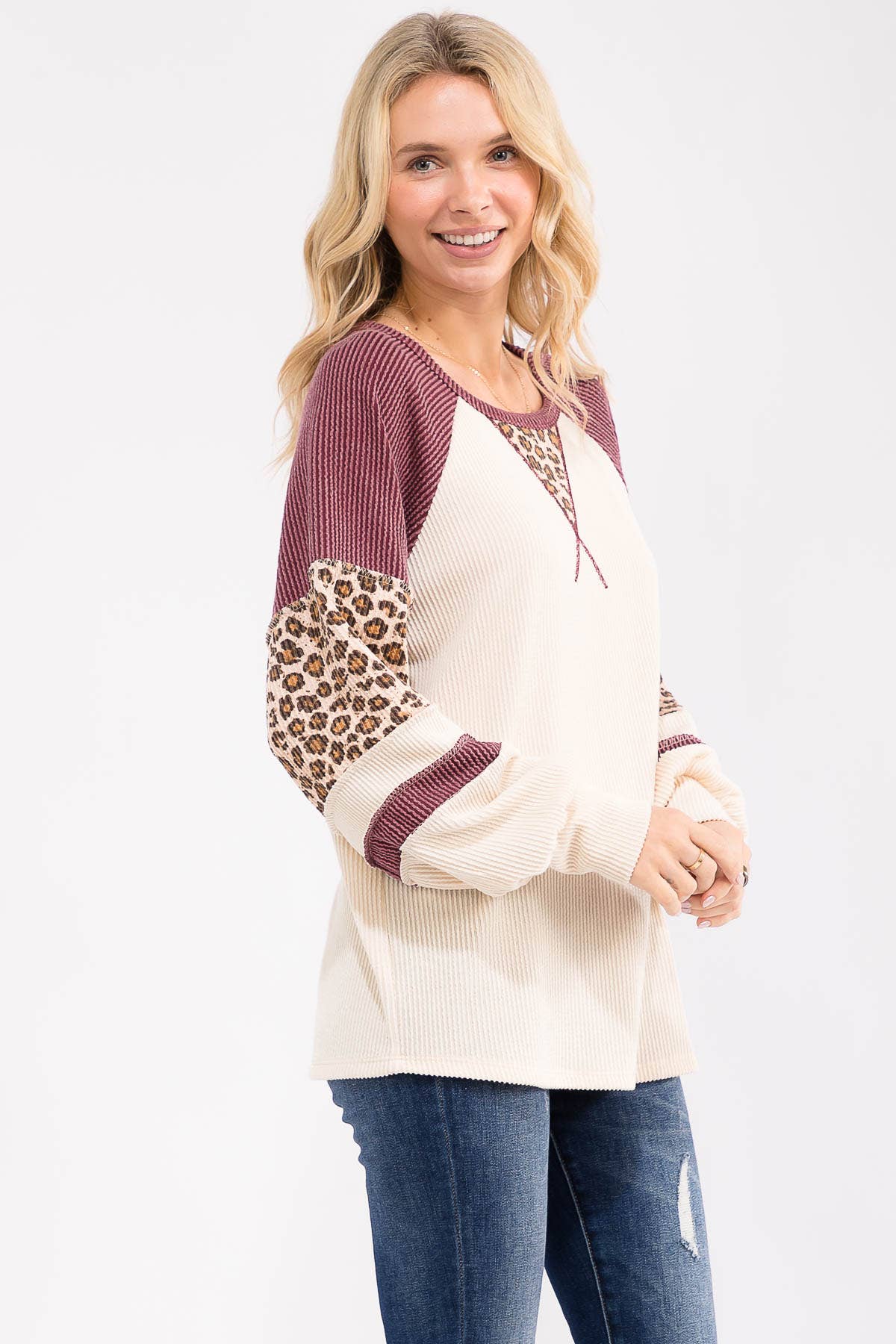 Waffle Knit Animal Print Contrast Pullover Top